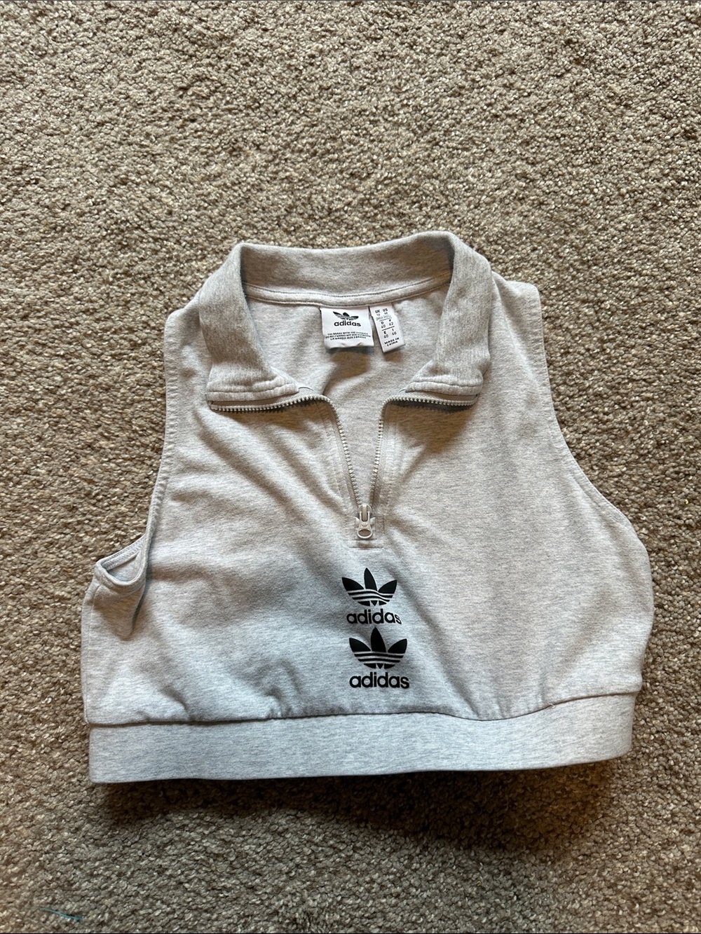adidas Light Gray Cropped Zip Tank Top with Black Trefoil